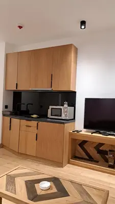 a kitchen with a counter and a microwave on a counter at Apartmani U CASA DI LEGNO 2,5,8,11 in Kopaonik