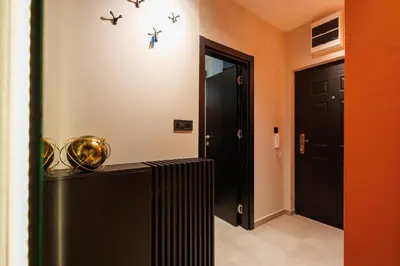 a hallway with a black door with birds on the wall at T & T Apartman - 2 bedrooms in Pirot