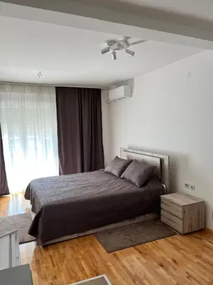 a bedroom with a bed and a ceiling fan at Apartman Ramonda in Niš