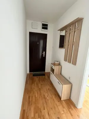 a room with a black door and a wooden floor at Apartman Ramonda in Niš