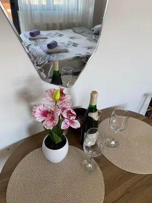 a table with two wine glasses and a vase with flowers at M&A apartman in Jagodina