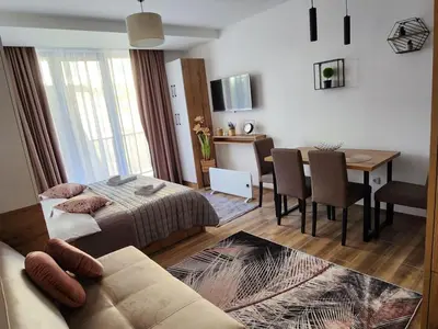 a living room with a bed and a dining room at Gali lux apartmani in Kopaonik