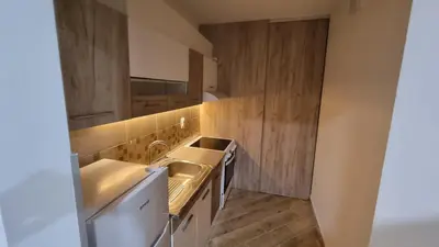 a small kitchen with a sink and a refrigerator at Stan na dan Bor Apartman in Bor