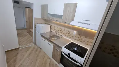 a small kitchen with a sink and a stove at Stan na dan Bor Apartman in Bor