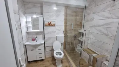 a bathroom with a shower and a toilet and a sink at Stan na dan Bor Apartman in Bor