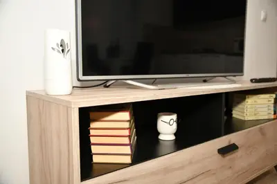 a tv sitting on top of a wooden stand with books at Apartman Dimić, Vrnjačka Banja in Vrnjačka Banja