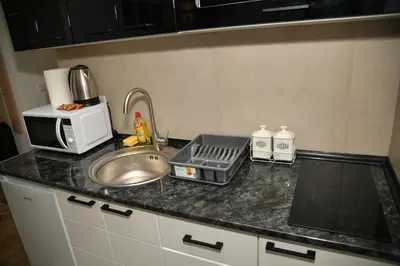 a kitchen counter with a sink and a microwave at Apartman Dimić, Vrnjačka Banja in Vrnjačka Banja