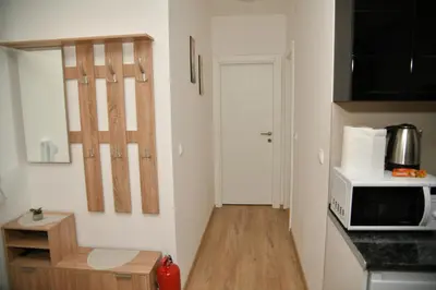 a small room with a kitchen with a microwave at Apartman Dimić, Vrnjačka Banja in Vrnjačka Banja