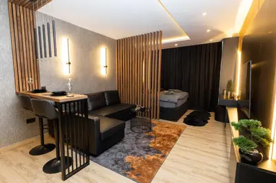 a living room with a couch and a bed at Luxe Horizon & Spa Apartments Kopaonik in Kopaonik