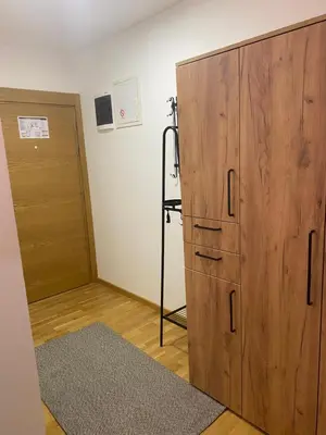 a large wooden cabinet in a room with a door at Apartman Živković in Vrnjačka Banja