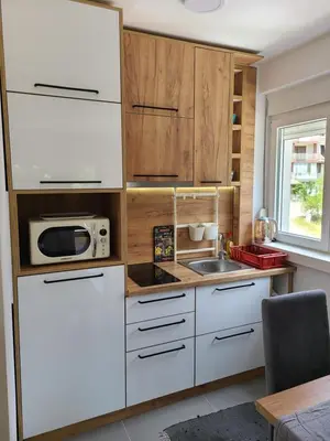 a kitchen with a white refrigerator and a microwave at Apartman Živković in Vrnjačka Banja