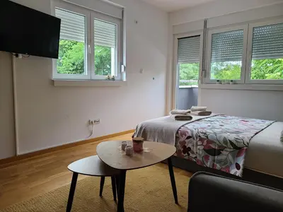 a bedroom with a bed and a table and windows at Apartman Živković in Vrnjačka Banja