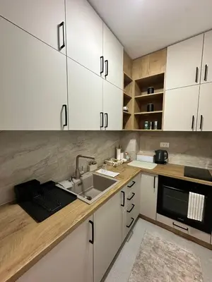 a kitchen with white cabinets and a sink at Green Oasis in Vrnjačka Banja