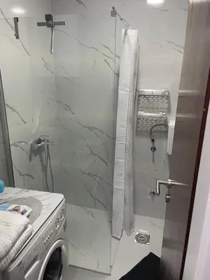 a bathroom with a shower and a washing machine at Panorama centar, free parking in Niš