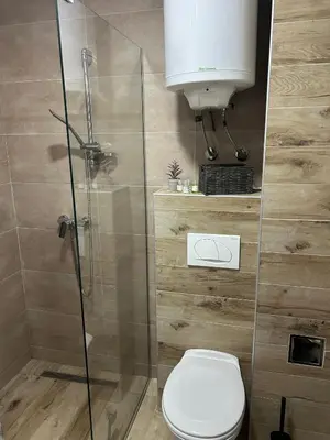 a bathroom with a toilet and a glass shower stall at Milmari Bonita Nlux87 in Kopaonik