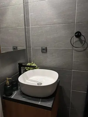 a bathroom with a white sink on a counter at Alpina Lux in Kopaonik