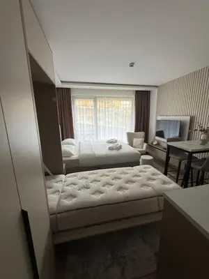 a bedroom with two beds and a table and a chair at Alpina Lux in Kopaonik