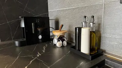 a counter top with a coffee maker and a coffee pot at Pine apartments Residence Hill in Kopaonik
