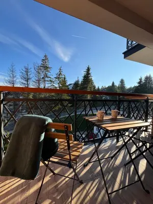 a table and a chair on a balcony at Pine apartments Residence Hill in Kopaonik
