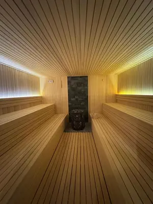 an empty sauna with a stove in the middle at Pine apartments Residence Hill in Kopaonik