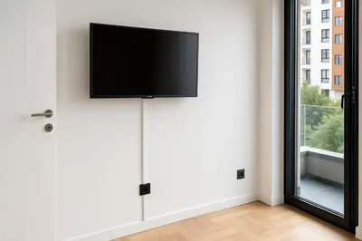 a flat screen tv on a wall in a room with a window at Apartment Eleven in Niš