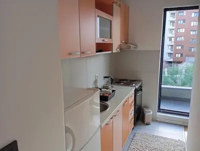 a kitchen with brown cabinets and a sink and a window at Apartment Eleven in Niš