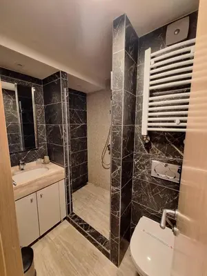 a bathroom with a shower and a toilet and a sink at Angella Konaci KOPAONIK in Kopaonik