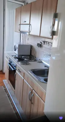 a kitchen with a stove and a sink at Lux Studio River View in Niš