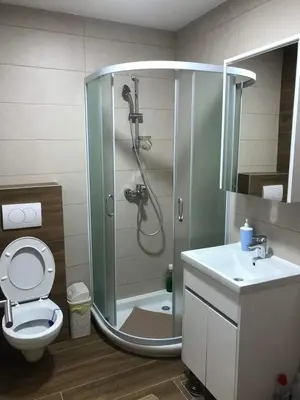 a bathroom with a shower with a toilet and a sink at Markovic san in Vrnjačka Banja
