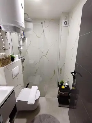 a white bathroom with a toilet and a shower at AlibiKopaonikSky32 in Kopaonik