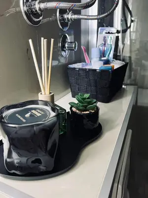 a bathroom counter with a black basket and a plant at Apartman Nina in Kopaonik
