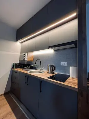 a kitchen with black cabinets and a sink at Apartman Nina in Kopaonik