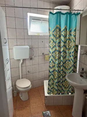 a bathroom with a toilet and a shower curtain at River apartman Paraćin in Paraćin