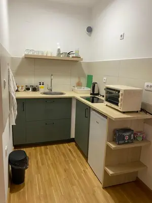 a small kitchen with a sink and a microwave at Apartman Adamović in Vrnjačka Banja