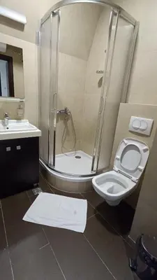 a bathroom with a shower and a toilet and a sink at Vila Mecava Centar in Kopaonik