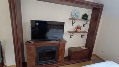 a living room with a tv and a fireplace at Vila Mecava Centar in Kopaonik