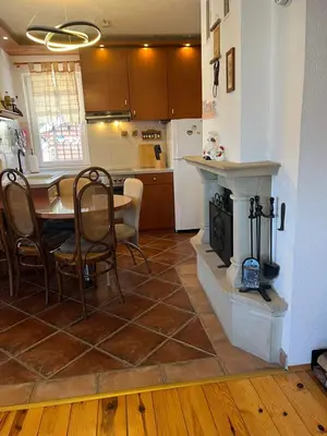 a kitchen and dining room with a table and a fireplace at Apartments Casa Pavlovic in Kopaonik
