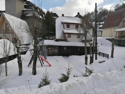 a yard covered in snow with trees and a house at Holiday Home Minja in Kopaonik