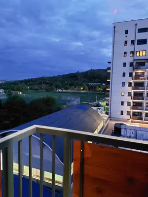 a balcony with a view of a building at Jagodina studio CRNJANSKI zatvoreni bazen in Jagodina