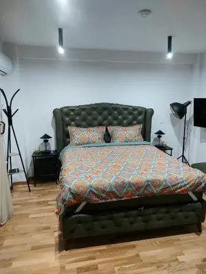 a bedroom with a green bed with a blanket on it at Jagodina studio CRNJANSKI zatvoreni bazen in Jagodina