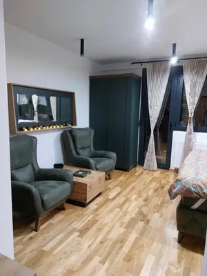a living room with two chairs and a couch at Jagodina studio CRNJANSKI zatvoreni bazen in Jagodina