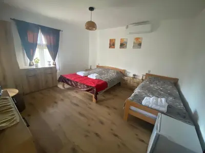 a bedroom with two beds and a window at Deda Bocin konak