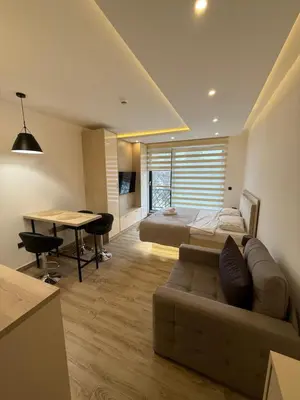 a bedroom with a bed and a couch and a table at Apartman SEVN in Kopaonik