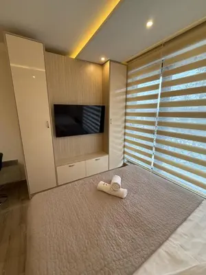 a bedroom with a tv and a bed with a rug at Apartman SEVN in Kopaonik