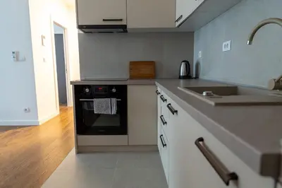 a kitchen with a sink and a stove at Planet Gemini Residence & SPA in Niš
