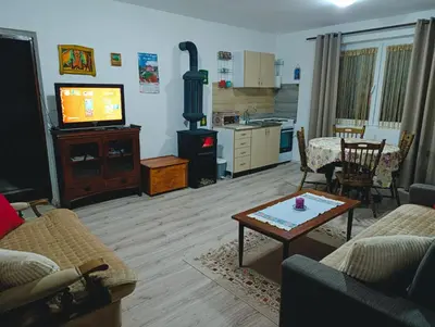 a living room with a living room with a stove at Oaza Mira Mozgovo in Mozgovo