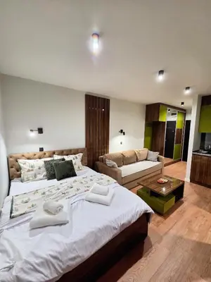 a bedroom with a large bed and a couch at Apartman Mist C113 - Bela Reka in Brzeće