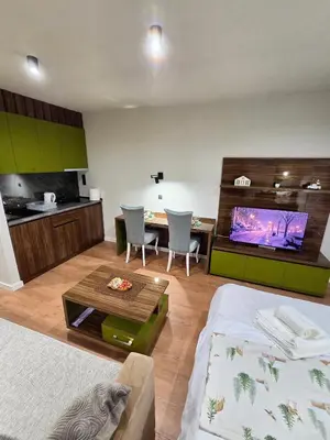 a living room with a kitchen and a dining room at Apartman Mist C113 - Bela Reka in Brzeće