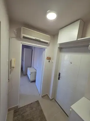 a bathroom with a white door and a air conditioner at Apartman Bibi centar in Niš