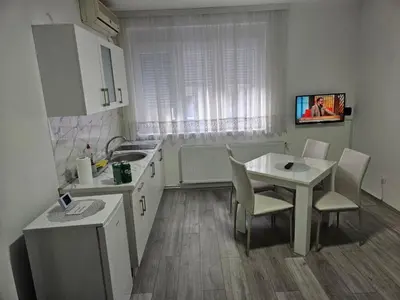 a small kitchen with a table and chairs and a sink at City Comfort Suite in Paraćin